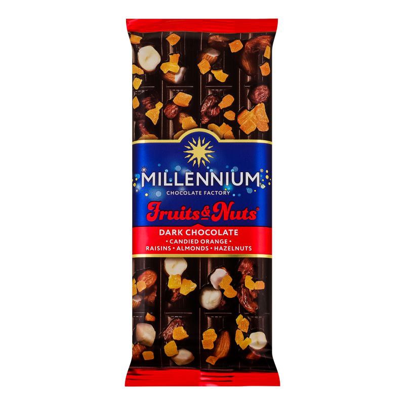 Шоколад Millennium Fruits&Nuts чорний мигдаль, лісовий горіх, цукати, родзинки 90г